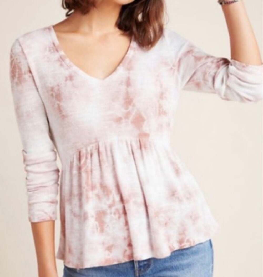 T.La by Anthropologie Pink Tie Dye Ribbed Thermal Babydoll Top Medium Soft Flowy